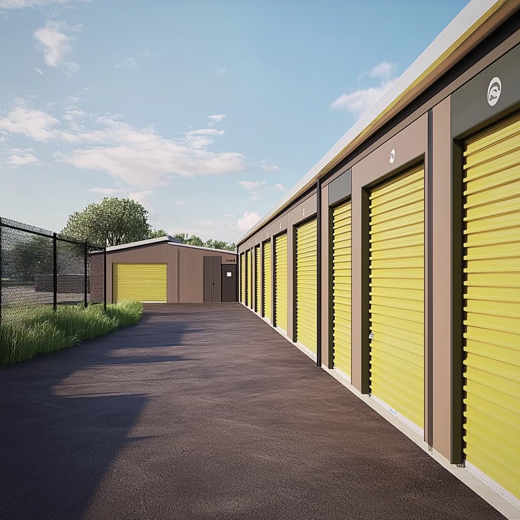 Row of outdoor self-storage units with yellow roll-up doors under a clear sky.