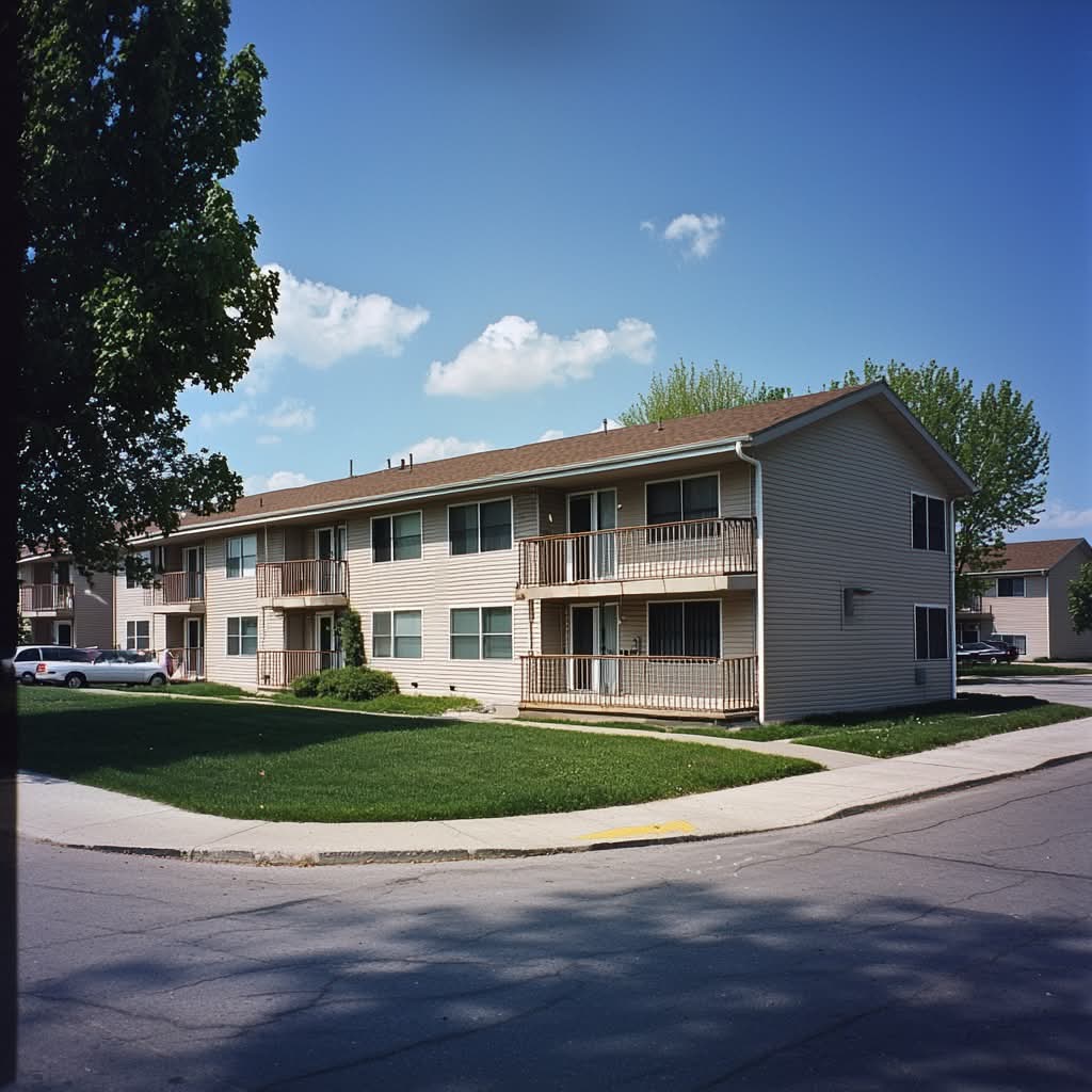 Two-story apartment building with balconies, surrounded by green lawn and trees on a sunny day.